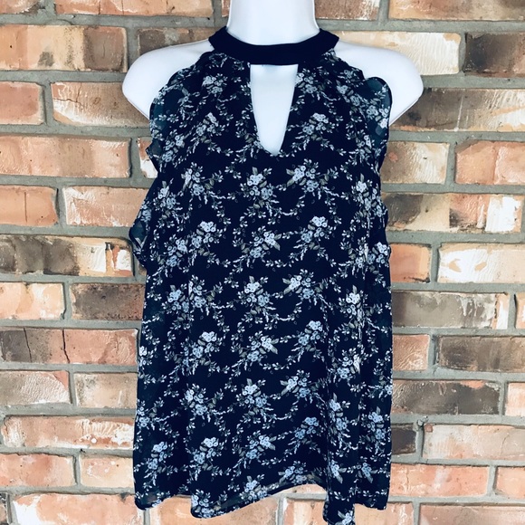 Miss Chievous Women’s Sleeveless Choker Neck Navy Floral Print Rayon Top Small - Picture 1 of 6